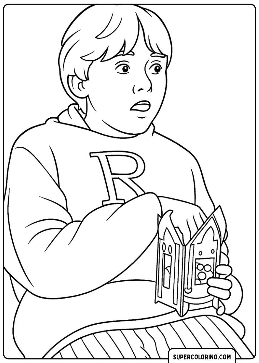 Ron Weasley avec un pull "R" et une lanterne/boîte.