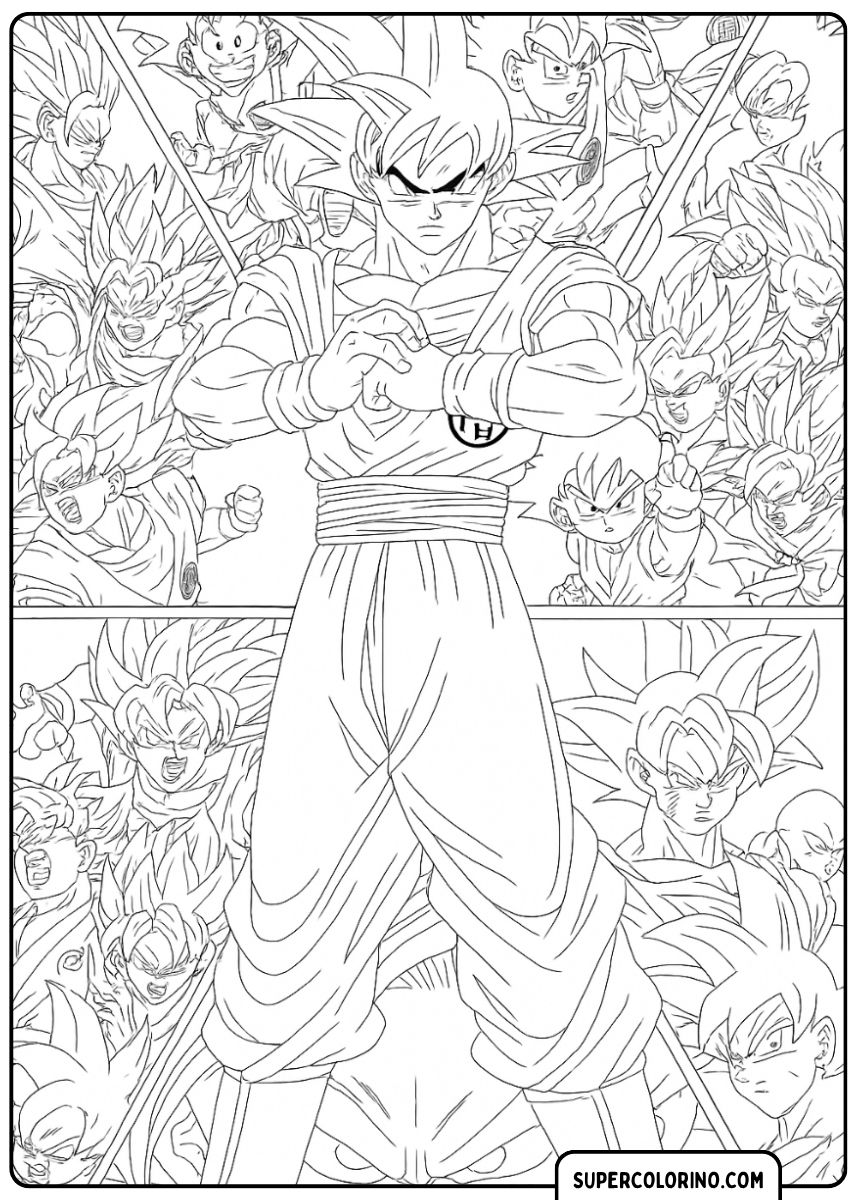 Kleurplaat van een grote collage met Goku in het midden, omringd door zijn vrienden en vijanden.