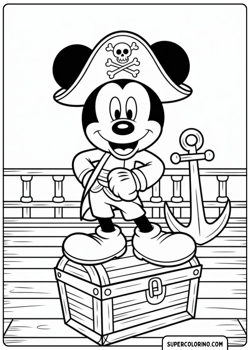 Coloriage : Mickey Mouse habillé en pirate sur un coffre avec une ancre.