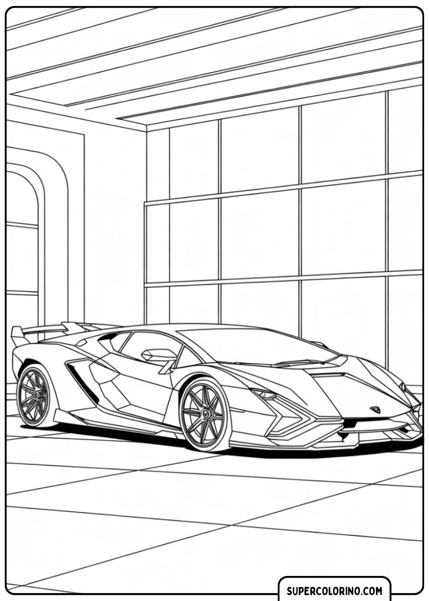 Immagine da colorare di una futuristica Lamborghini Sián in un moderno showroom di vetro.