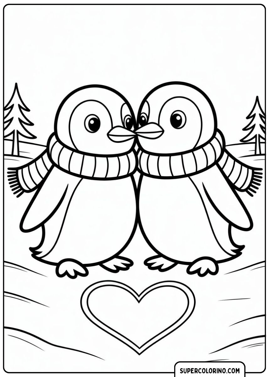 Malvorlage mit zwei küssenden Pinguinen mit Schals und einem Herz im Schnee.