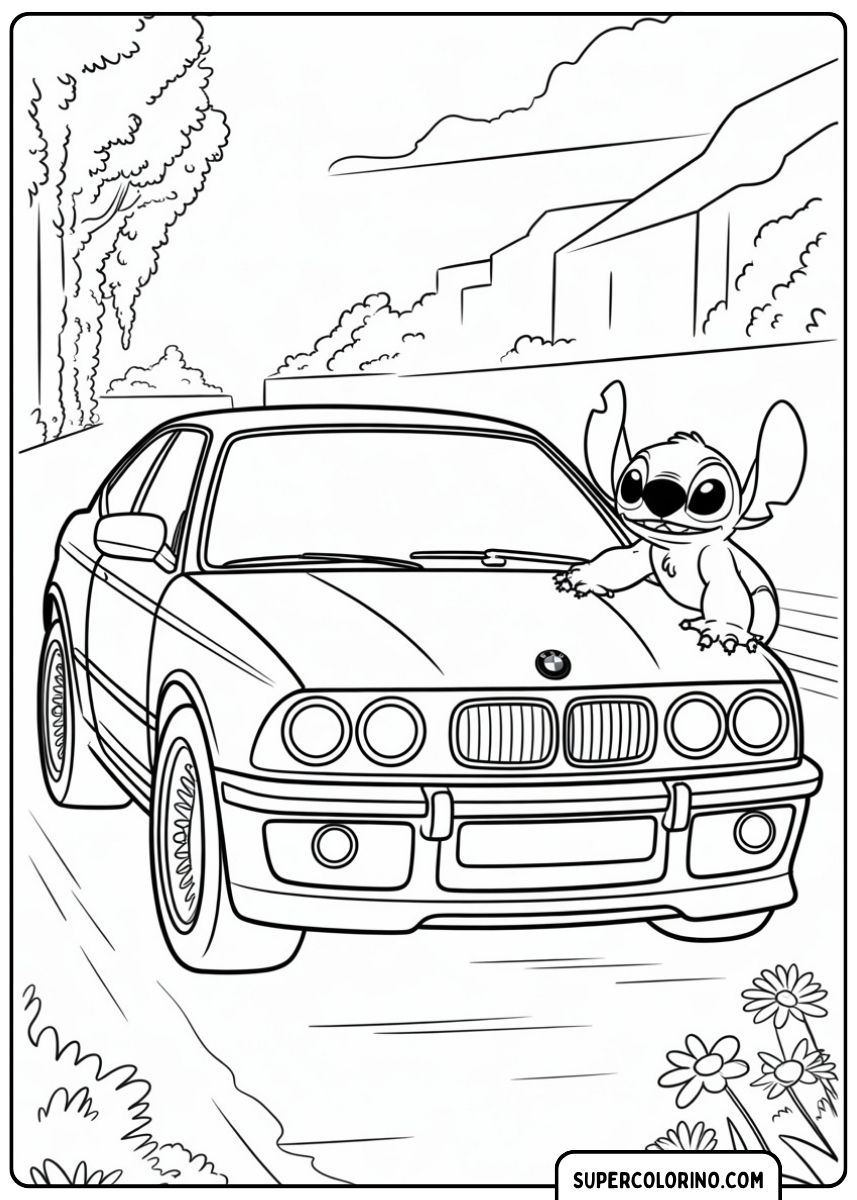 Malvorlage BMW und Stitch: Der Charakter Stitch auf der Motorhaube eines BMW Coupés (ähnlich E36/E46).