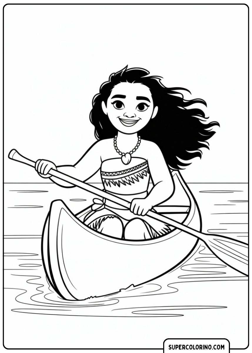 Image à colorier : Vaiana rame un petit canoë en pleine mer.