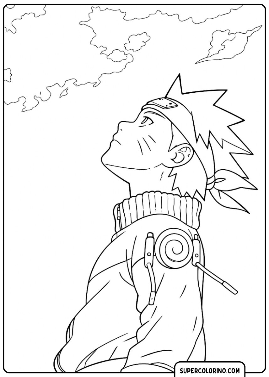 Ausmalbild von Naruto, der im Profil in den Himmel blickt.