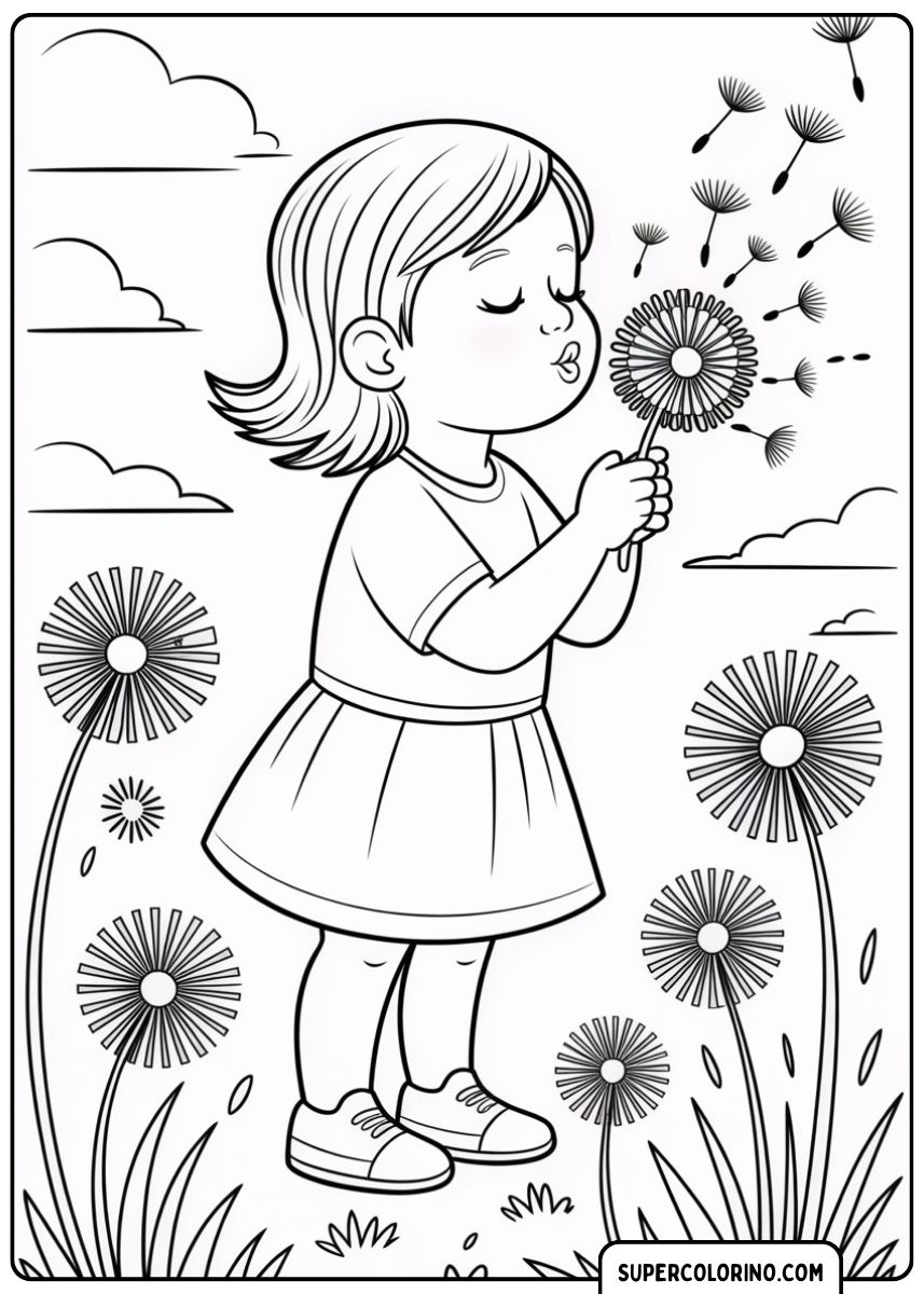Image à colorier d'une petite fille emportant un pissenlit, entourée de grandes fleurs de pissenlit.