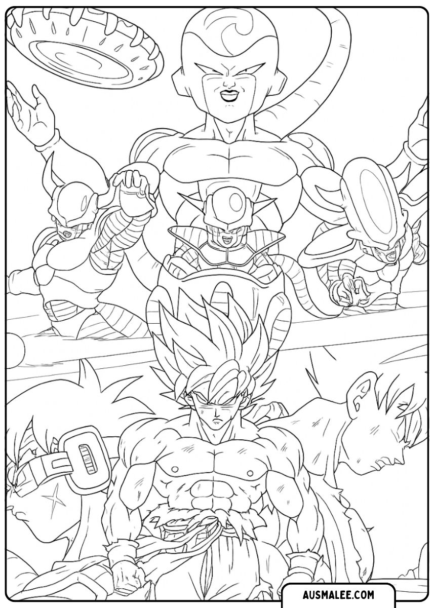 Kleurplaat van een confrontatie tussen Goku en Frieza's leger, inclusief Frieza zelf en de leden van zijn Ginyu Squad.