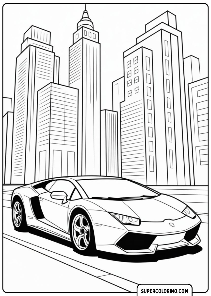 Immagine da colorare di una Lamborghini Gallardo di fronte a uno skyline di grattacieli.