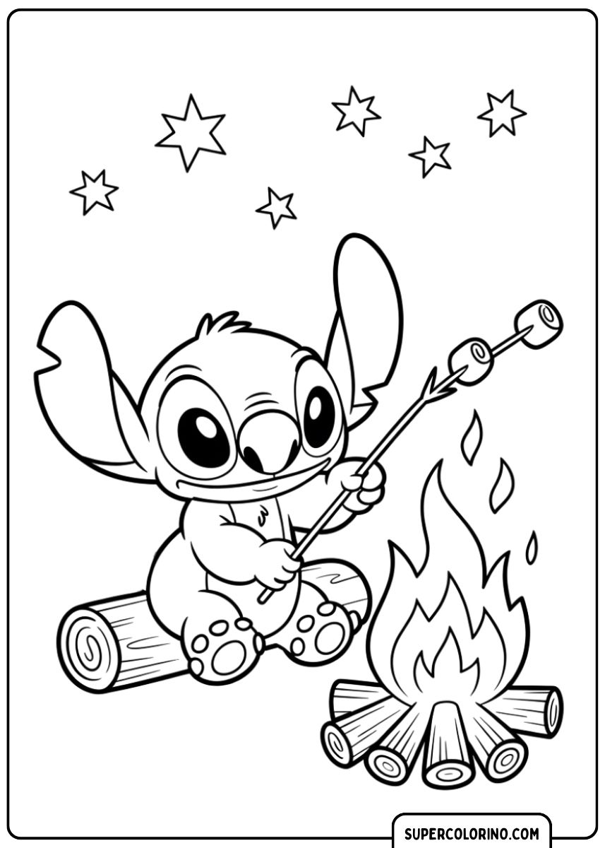 Stitch zit rond het vuur marshmallows te roosteren onder de sterren.