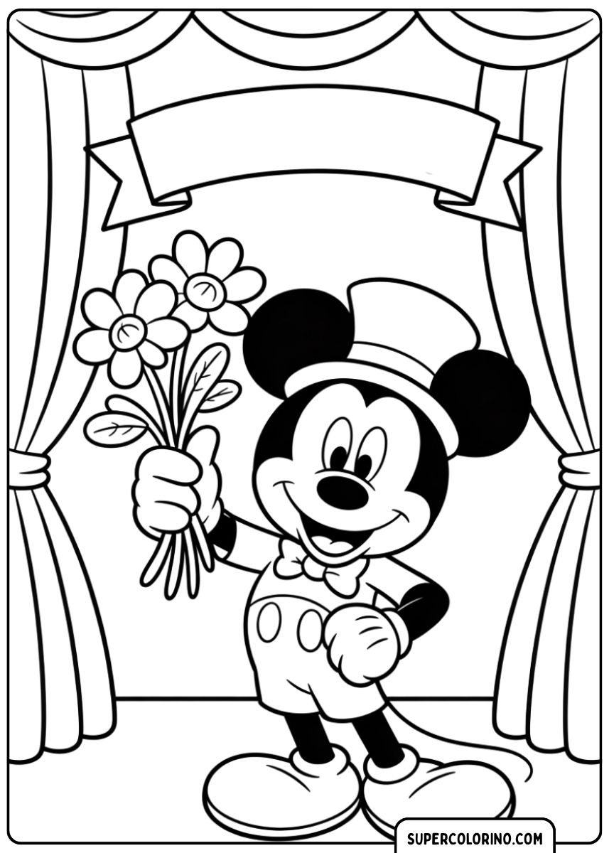Image à colorier : Mickey Mouse en smoking tient un bouquet de fleurs sur scène.