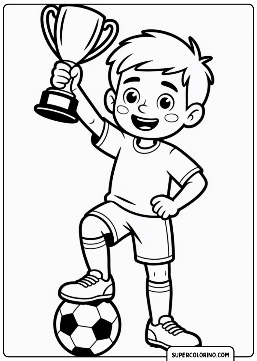 Kleurplaat van een lachend kind dat op een bal staat en een trofee optilt.