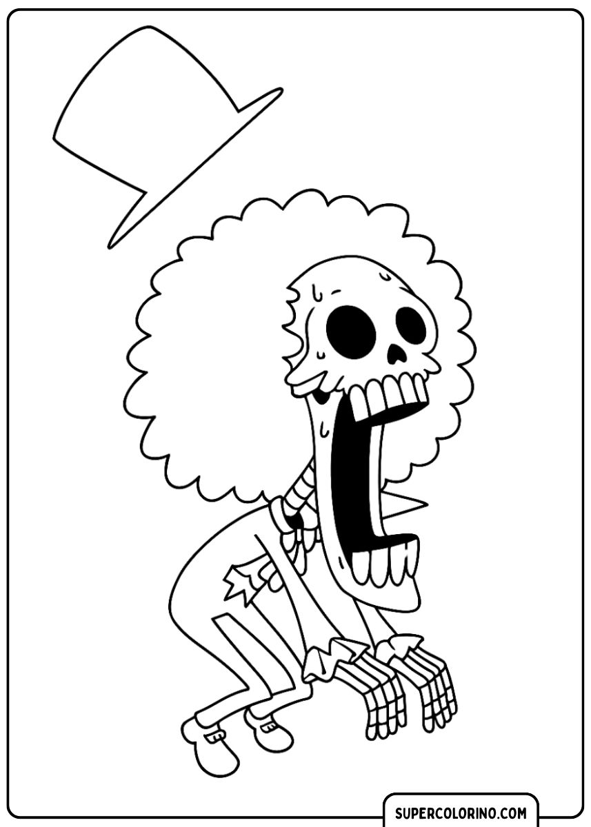 Coloriage : Brook, le squelette, dans une drôle de pose, la bouche grande ouverte, son chapeau melon s'envolant.