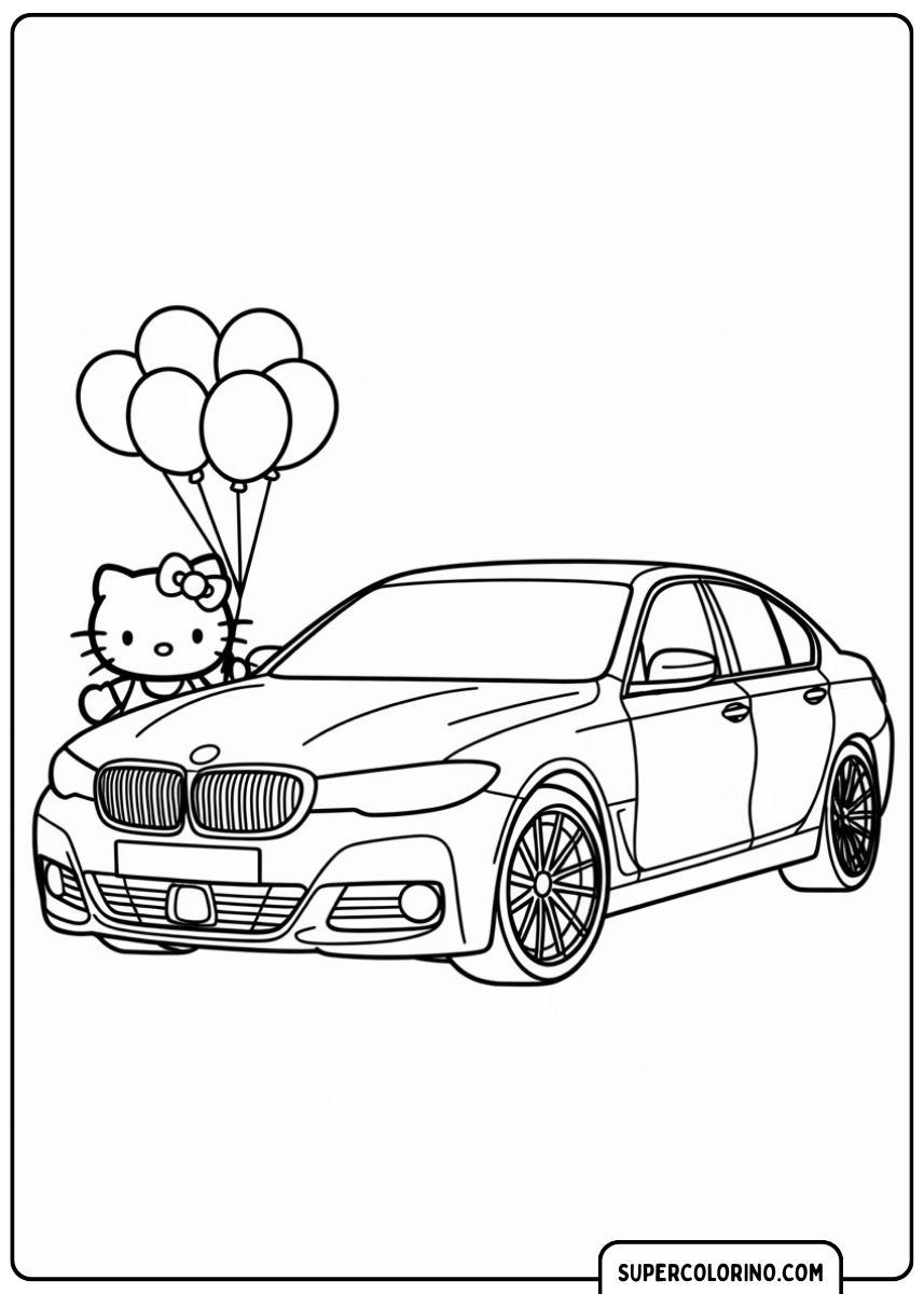 Malvorlage BMW und Hello Kitty: Hello Kitty hält Luftballons neben einer modernen BMW-Limousine.