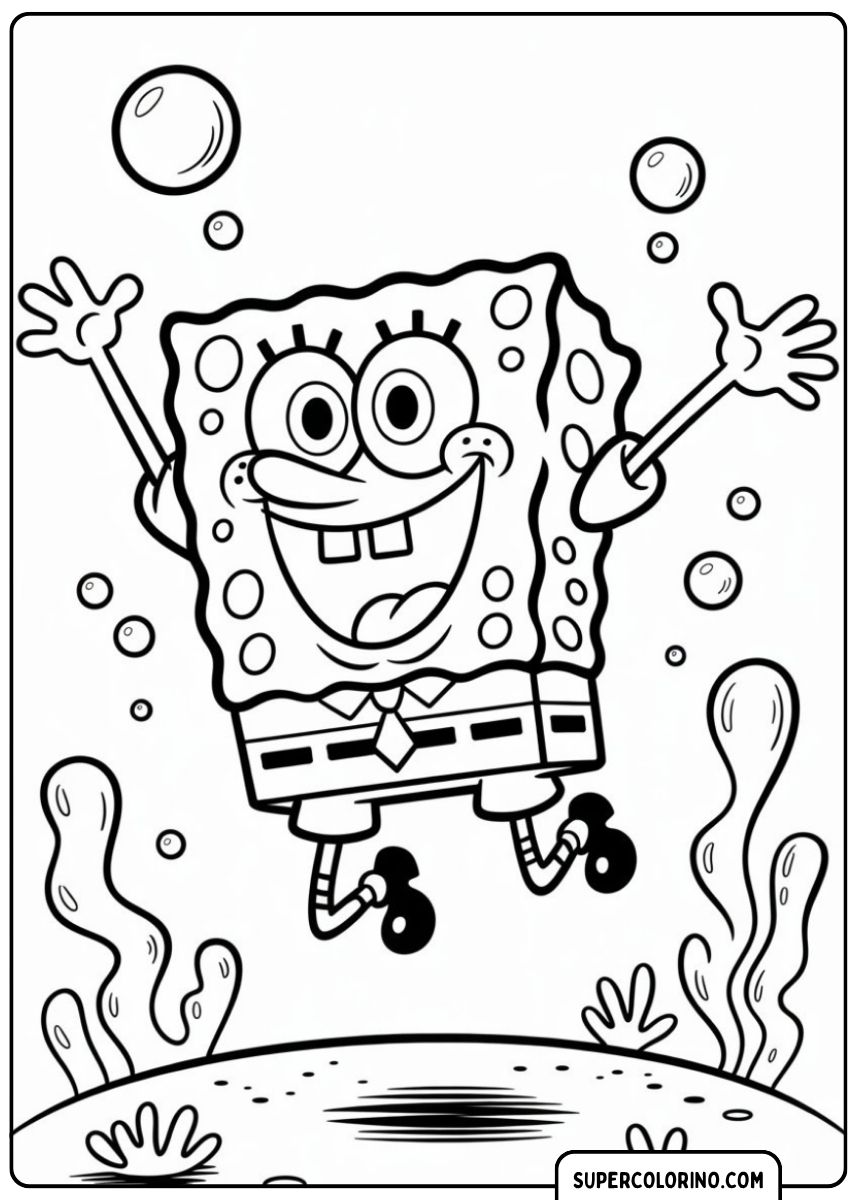 Glücklicher SpongeBob springt in die Luft und breitet seine Arme aus.