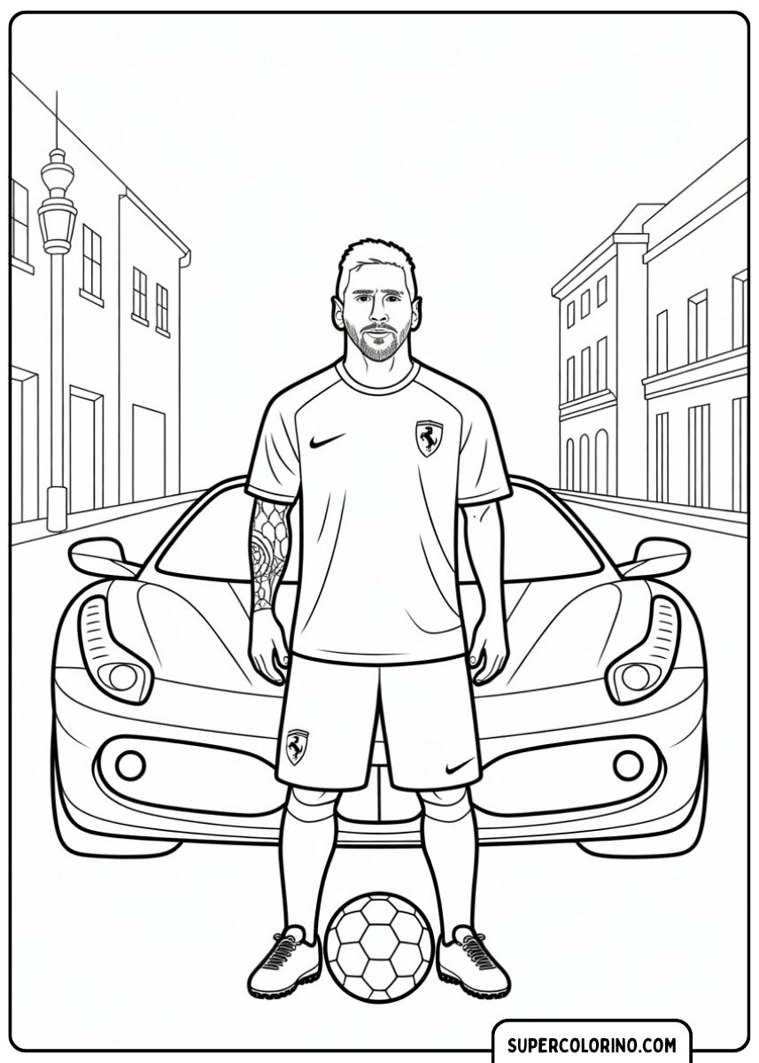 Kleurplaat van Lionel Messi in voetbaltenue met bal, staande voor een moderne Ferrari op straat.