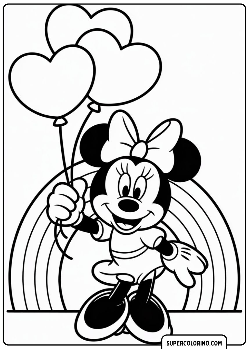 Coloriage de Minnie Mouse avec des ballons coeur devant un arc-en-ciel.
