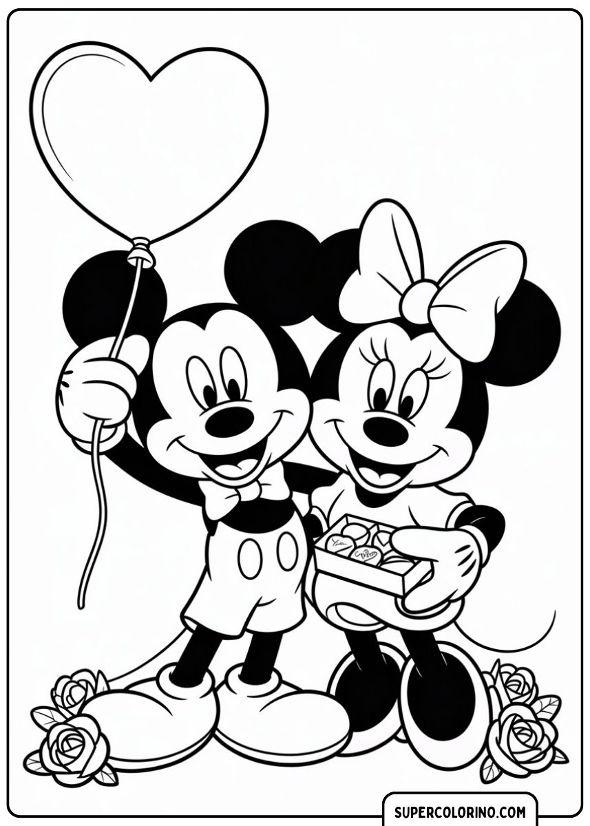 Malvorlage von Mickey und Minnie mit Herzballon und Pralinen.