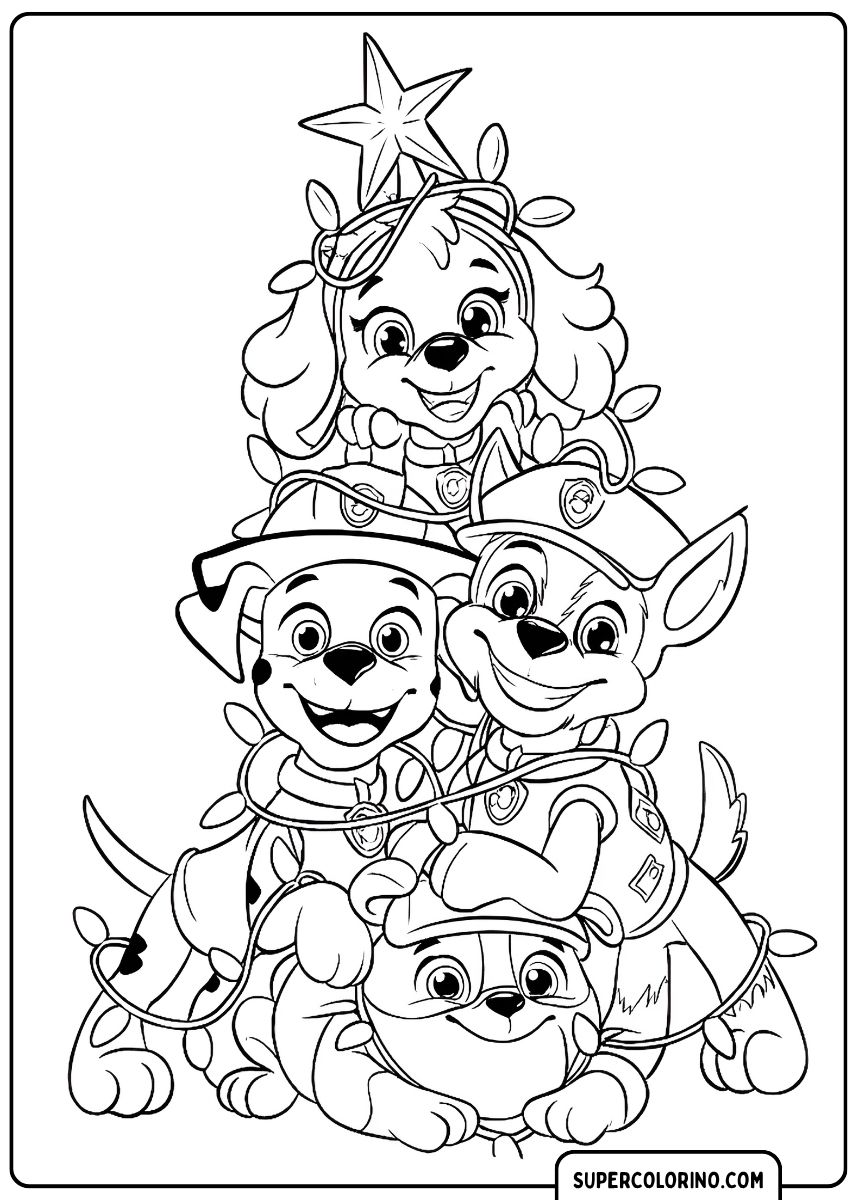 Coloriage PAW Patrol : Quatre chiots dans une pyramide en forme de sapin de Noël.
