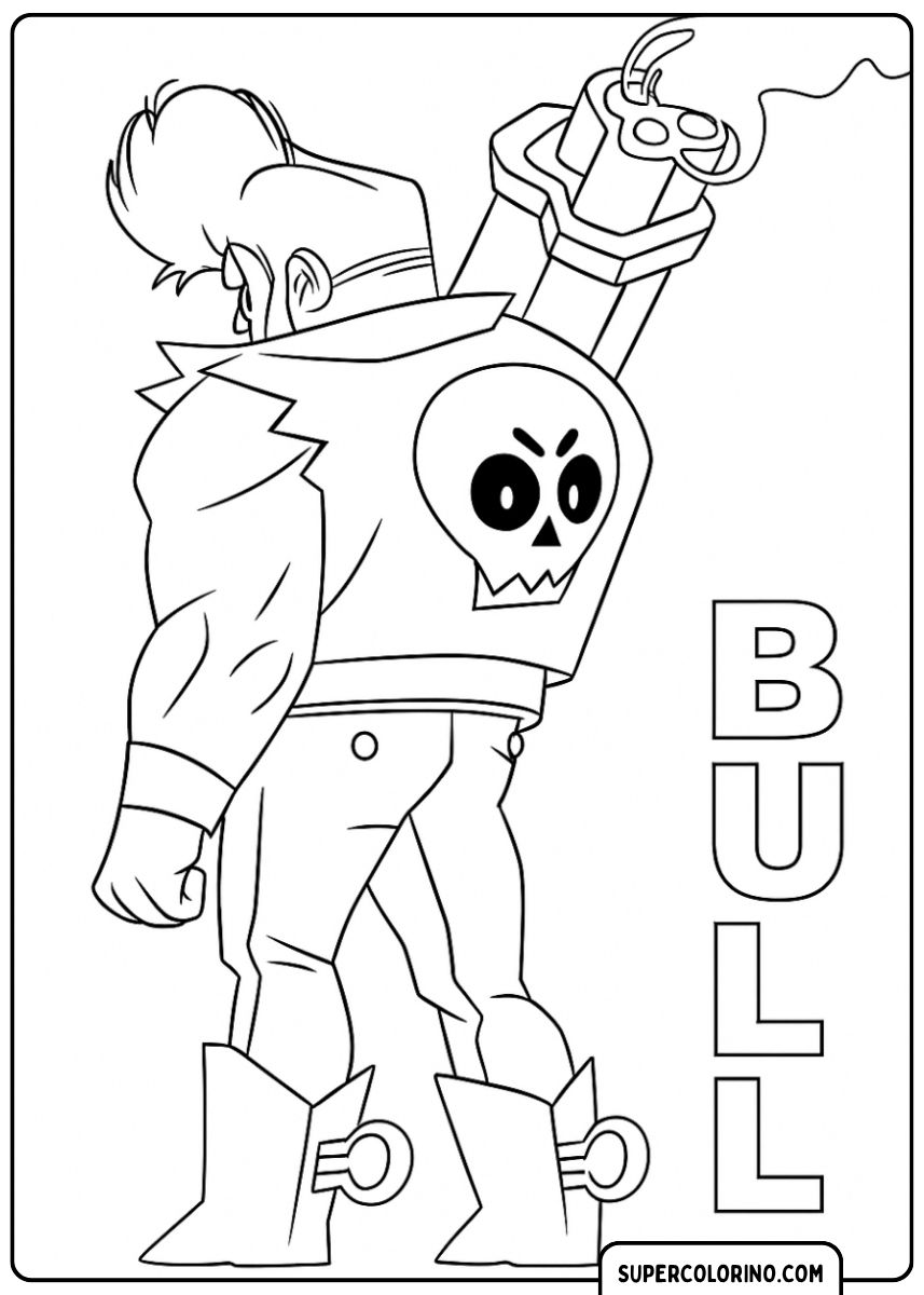 Image à colorier de Bull de dos, avec son arme et le mot "BULL".