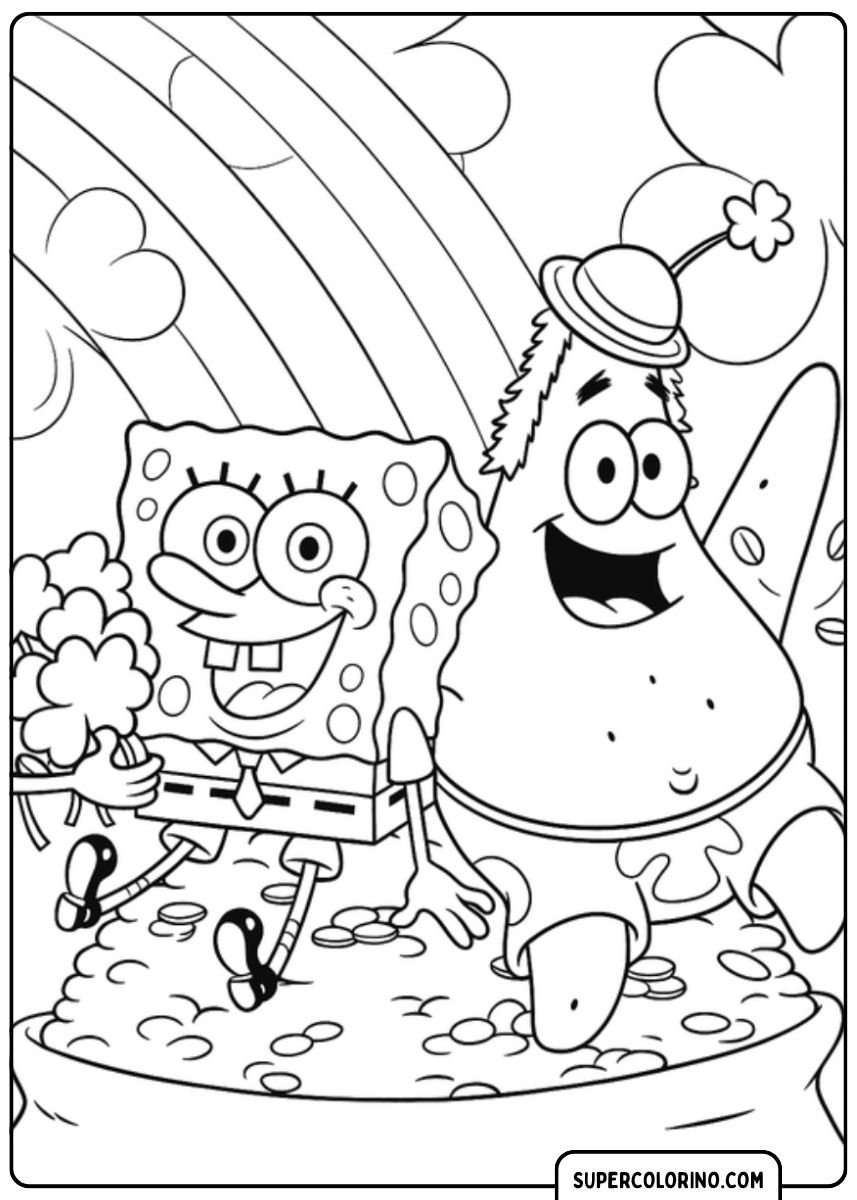 SpongeBob und Patrick sitzen unter einem Regenbogen auf einem Stapel Goldmünzen.