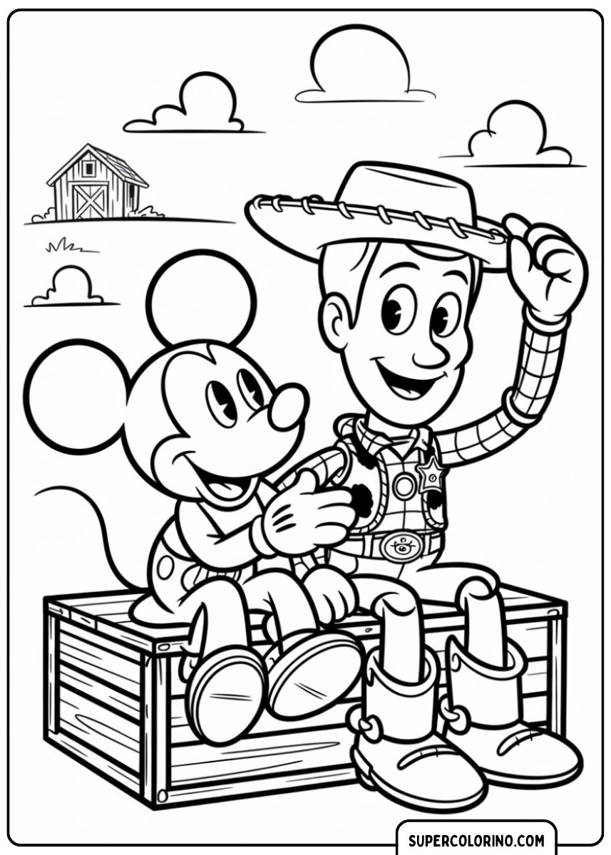 Image à colorier : Mickey Mouse et le shérif Woody (Toy Story) assis sur une caisse.