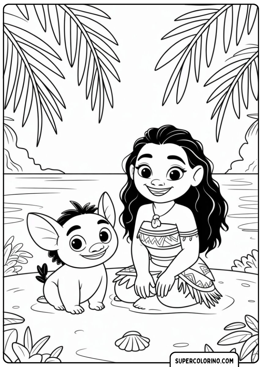 Image à colorier : Le jeune Vaiana avec le cochon Pua sous les palmiers