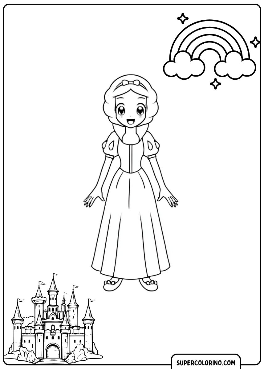 Image à colorier de Blanche-Neige en style chibi avec un château et un arc-en-ciel.