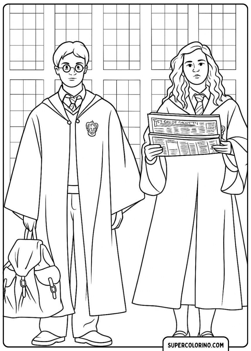 Harry Potter (avec sac à dos) et Hermione Granger (avec journal) en cape.