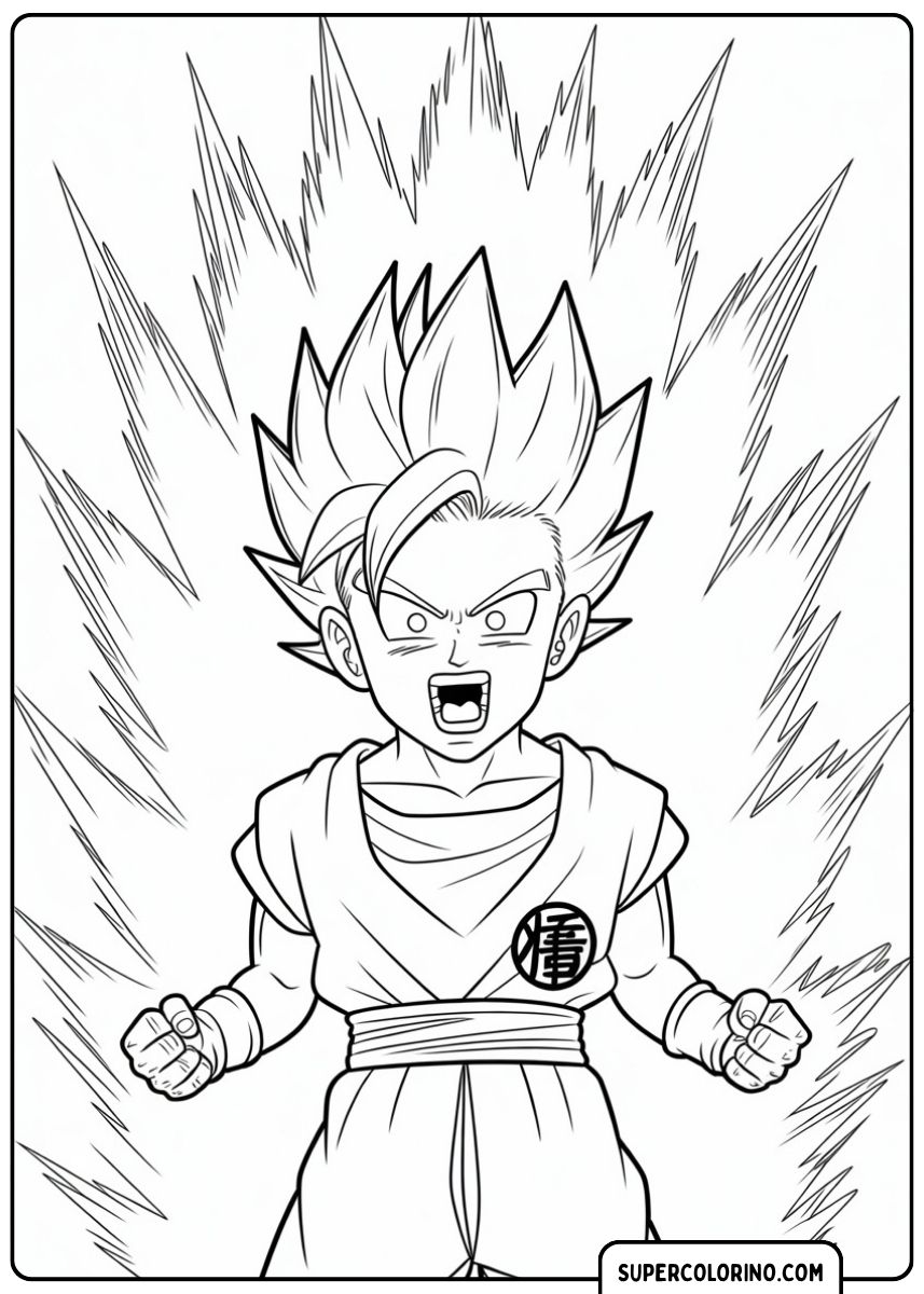 Kleurplaat van de jonge Gohan (kind Gohan) die schreeuwt van woede en zijn krachten ontketent, omringd door een flits van energie.