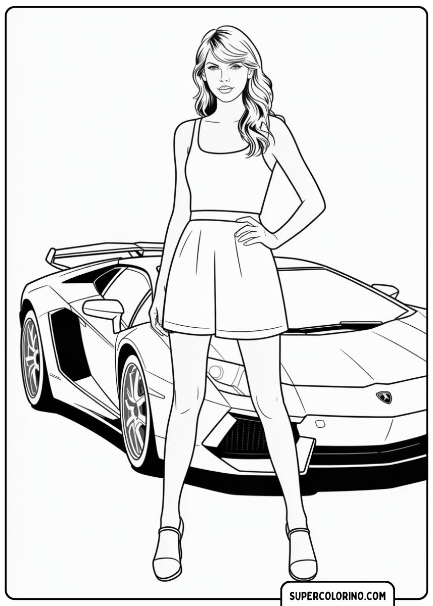 Immagine da colorare della cantante Taylor Swift in un outfit estivo davanti a una Lamborghini Aventador.