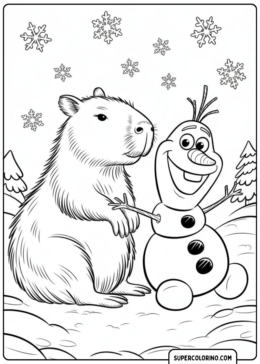 Malvorlage: Capybara mit Olaf, dem Schneemann, im Schnee mit fallenden Flocken.