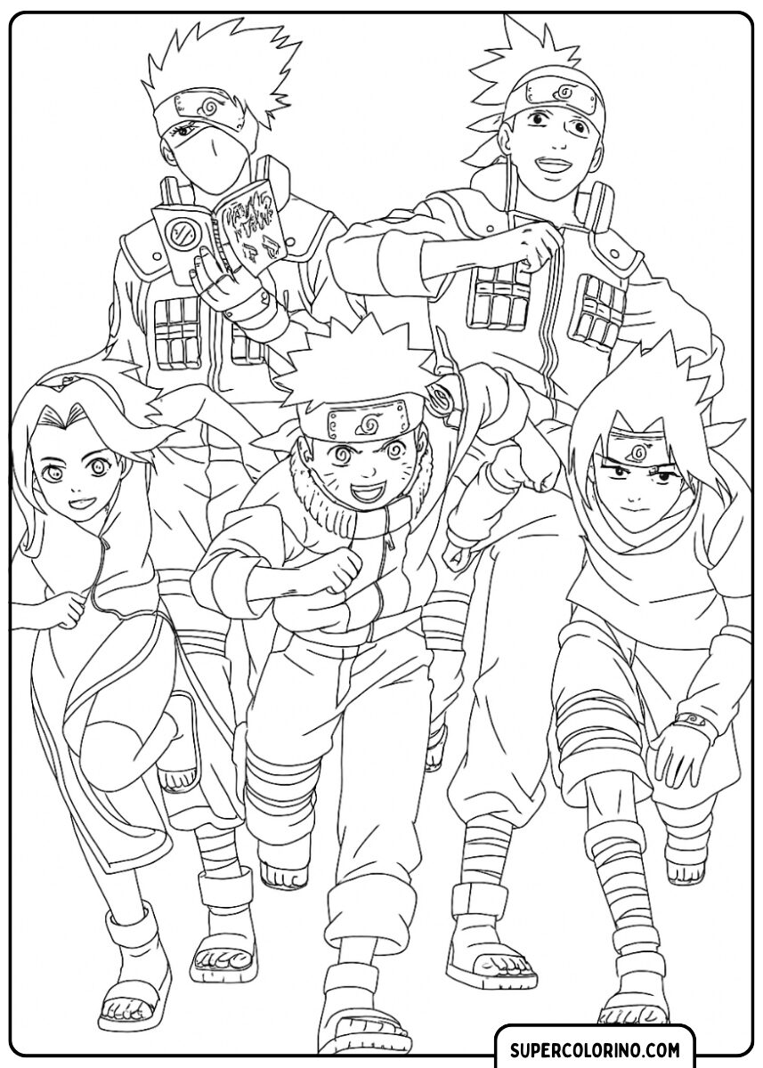 Ausmalbild von Team 7 und Kakashi, die zusammen laufen.