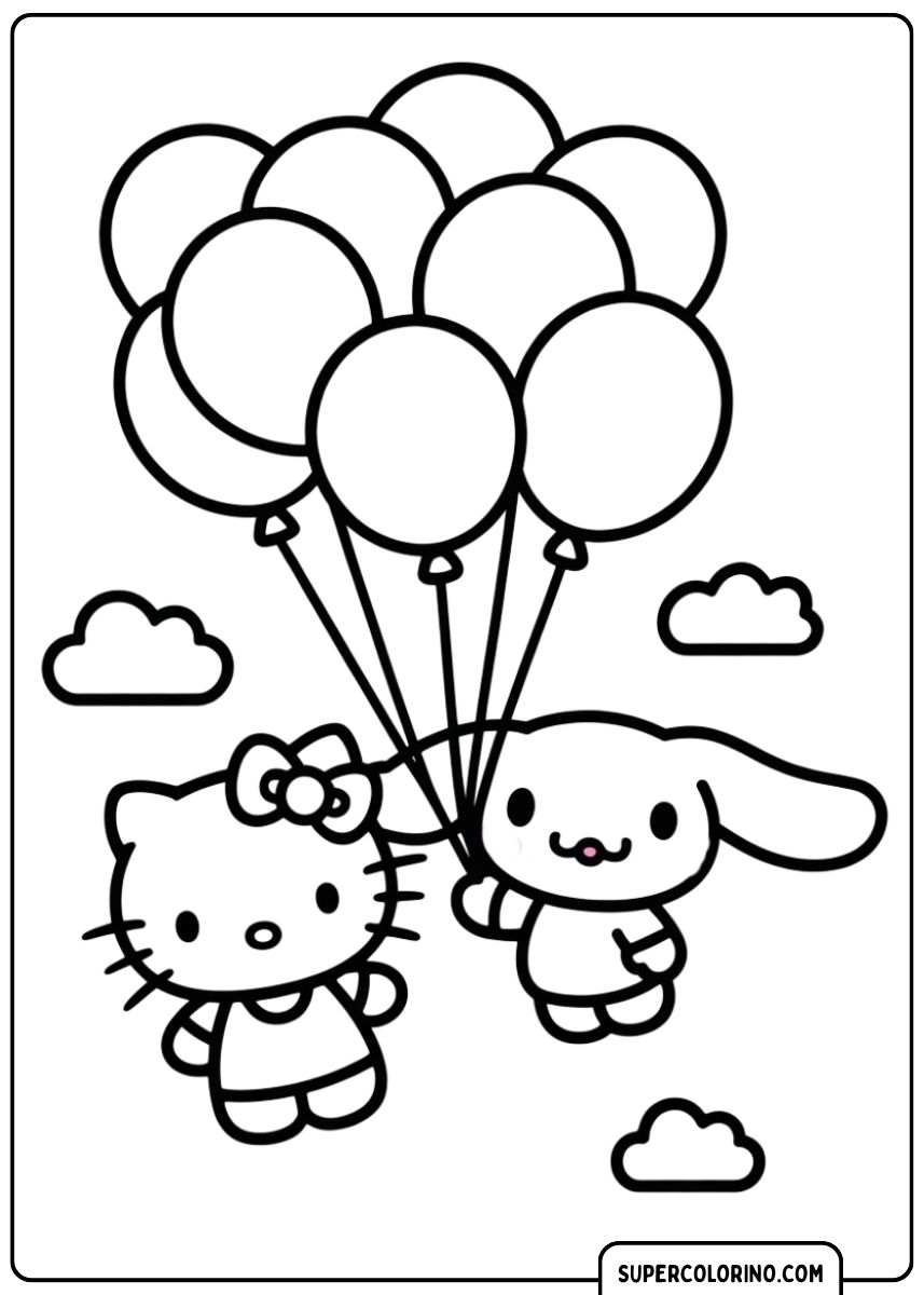 Kleurplaat van Hello Kitty en Cinnamoroll die vliegen met een grote bos ballonnen.