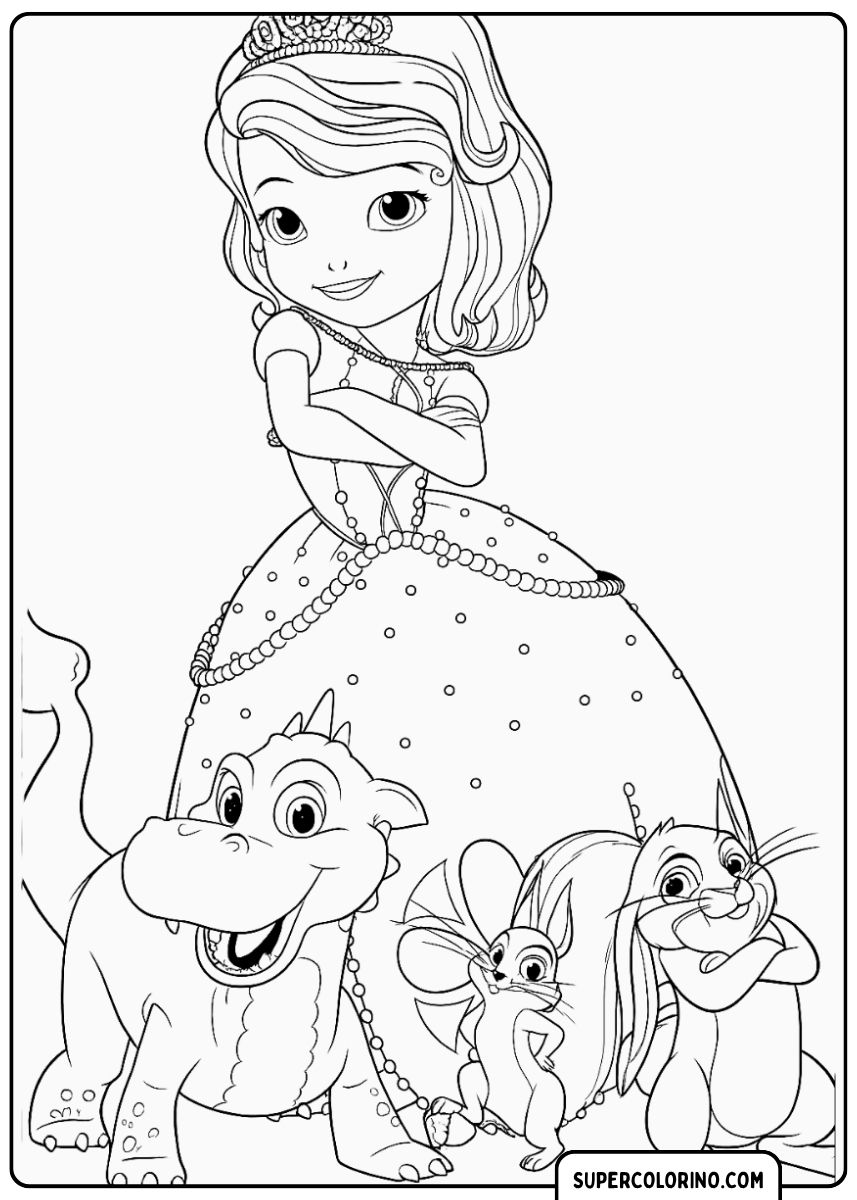 Ausmalbild: Prinzessin Sofia die Erste mit ihren Tierfreunden.