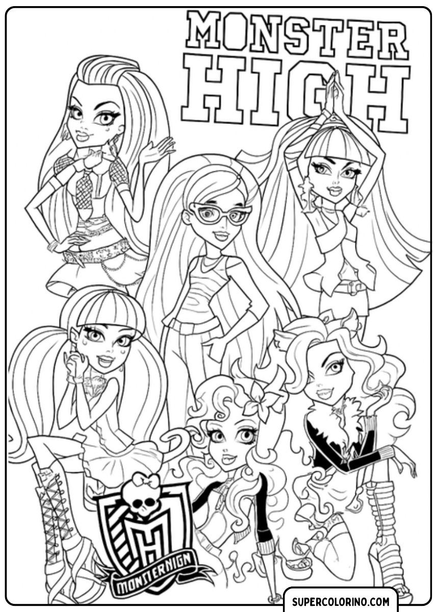 Kleurplaat van zes belangrijkste Monster High geesten in een groep