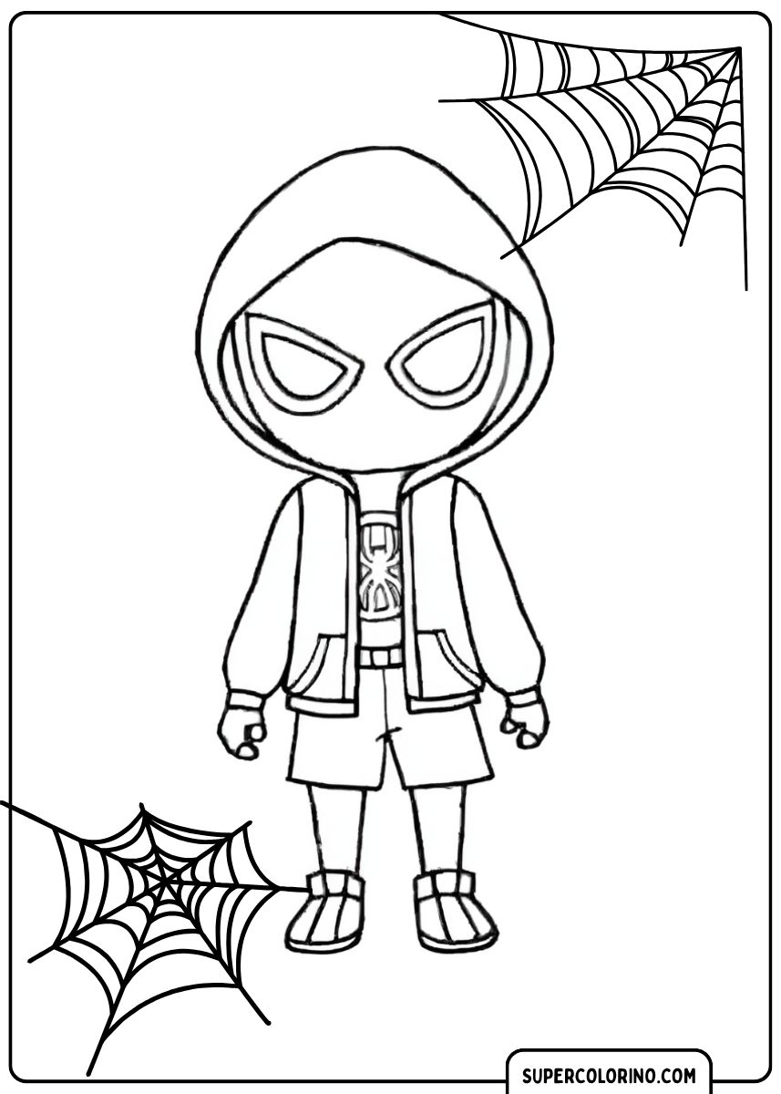 Malvorlage von Miles Morales (Spidey) im Chibi-Stil, trägt Kapuzenpullover und Shorts.