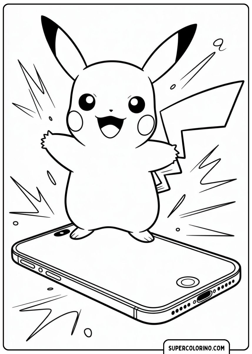 Pikachu steht auf einem iPhone und strahlt Elektrizität aus.