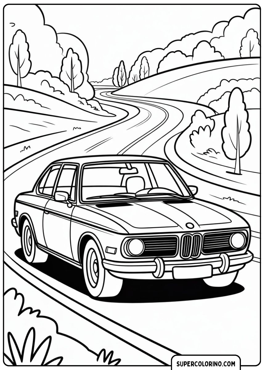 Malvorlage BMW Coupé in den Bergen: Klassisches Coupé (ähnlich E9) auf einer kurvenreichen Straße in den Hügeln.
