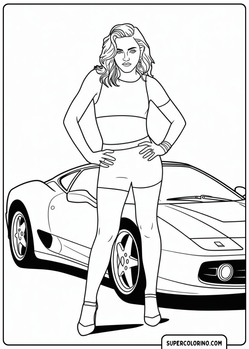 Kleurplaat van een iconische popzangeres in sportkleding, staande voor een klassieke Ferrari Testarossa.