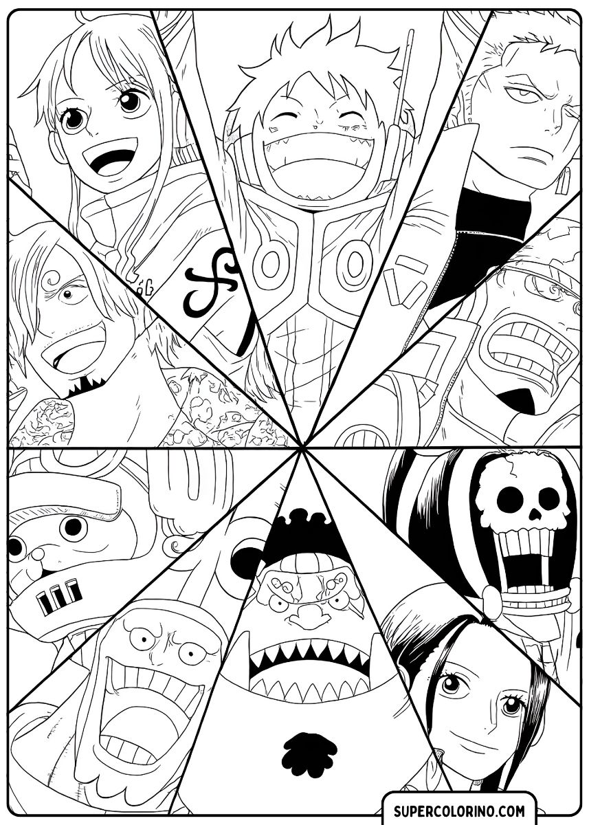 Image à colorier : Portraits des pirates au chapeau de paille dans un design à segments circulaires. Présents : Luffy (au centre), Nami, Zoro, Sanji, Chopper, Franky, Robin, Jinbe et un autre personnage (peut-être Barbe Noire).