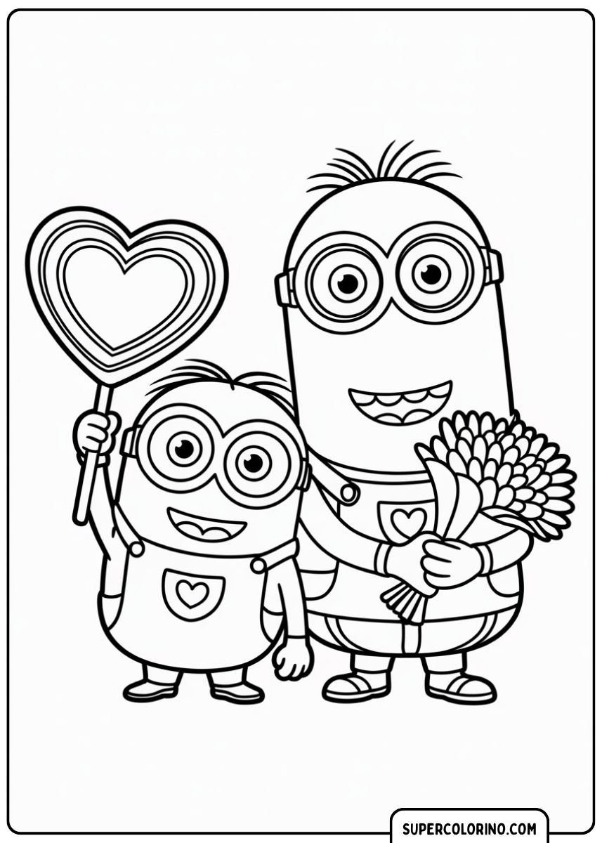 Malvorlage von zwei Minions mit einem Herzlutscher und einem Blumenstrauß.