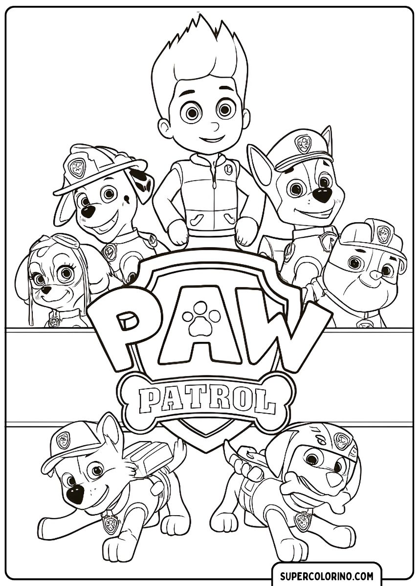 Coloriage PAW Patrol : Ryder, Marshall, Chase, Rubble, Skye, Rocky et Zuma avec logo.
