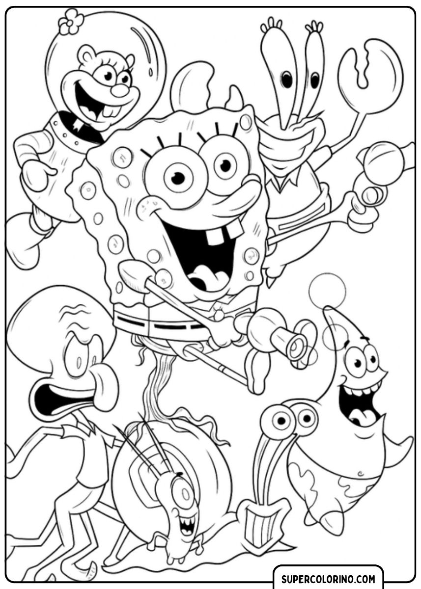 Nahaufnahme der Gesichter von SpongeBob, Patrick, Thaddäus und Plankton.