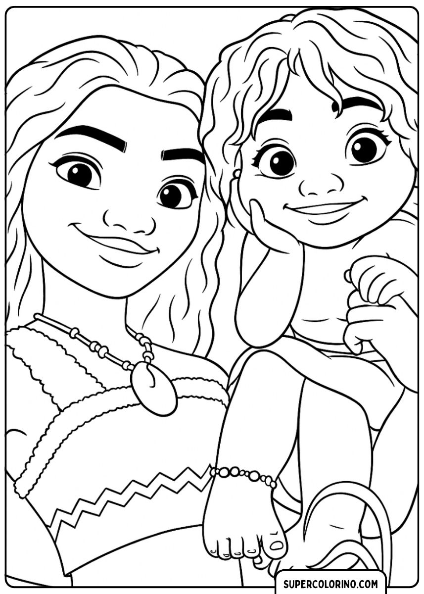 Image à colorier : Moana au premier plan avec sa petite fille