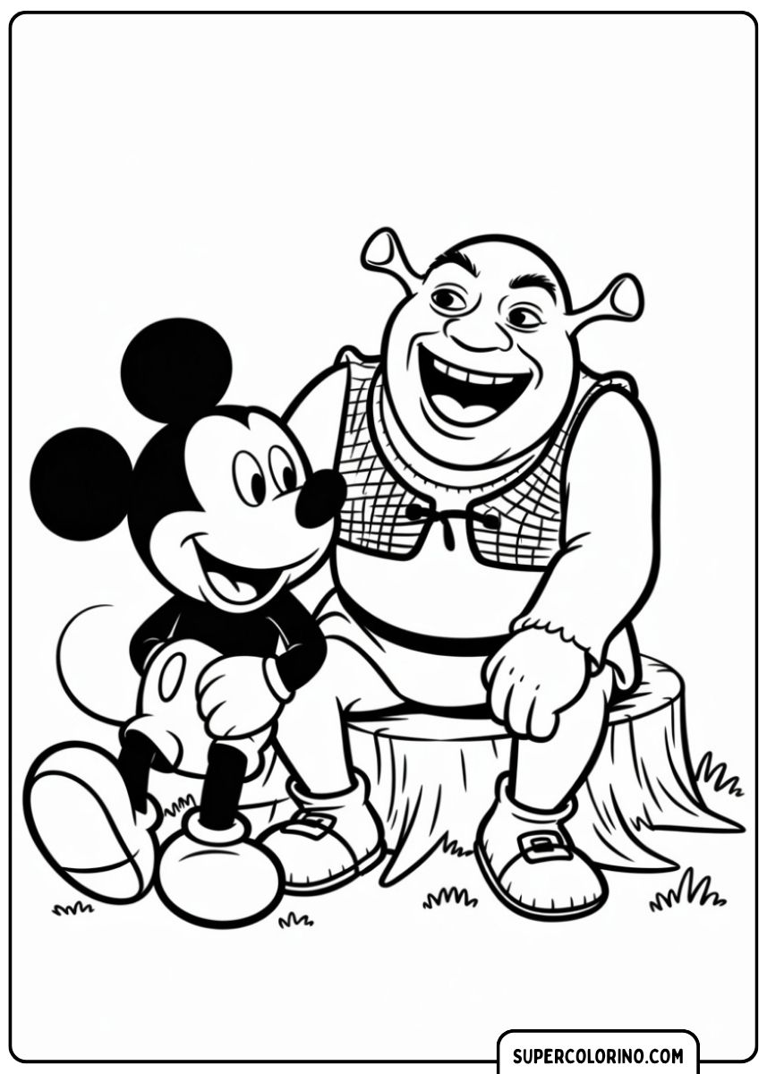 Coloriage : Mickey Mouse est assis à côté de Shrek qui rit sur une bûche.