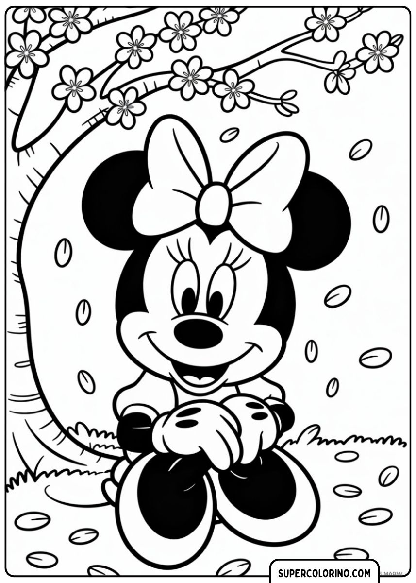 Coloriage Minnie Mouse sourit sous un arbre en fleurs aux pétales qui tombent.