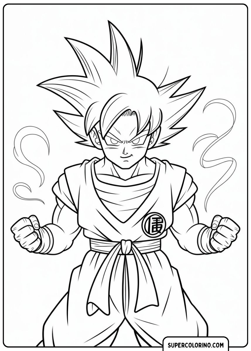 Kleurplaat van Goku in een vechthouding, gebalde vuisten, Ki-energie stijgt.