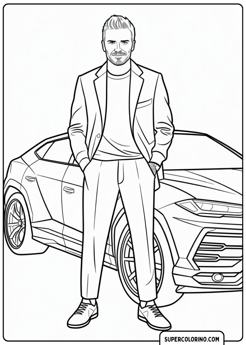 Immagine da colorare di David Beckham in completo davanti a una Lamborghini Urus.