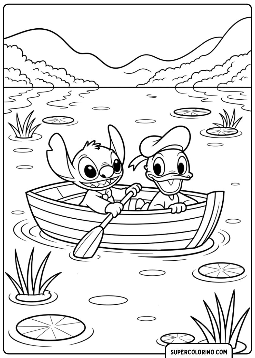 Stitch en Donald roeien met een boot op een meer.