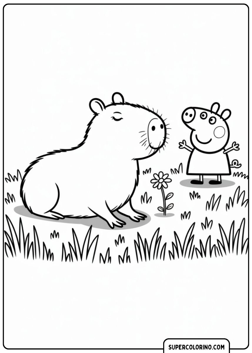 Malvorlage: Capybara trifft Peppa Pig auf einer Wiese mit einer Blume.