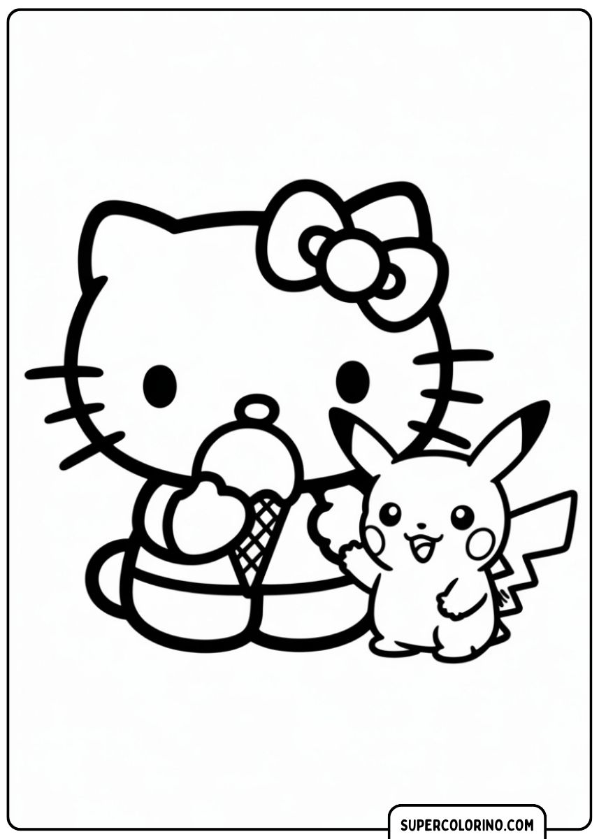 Kleurplaat van Hello Kitty die een ijshoorntje eet naast Pokémon Pikachu.